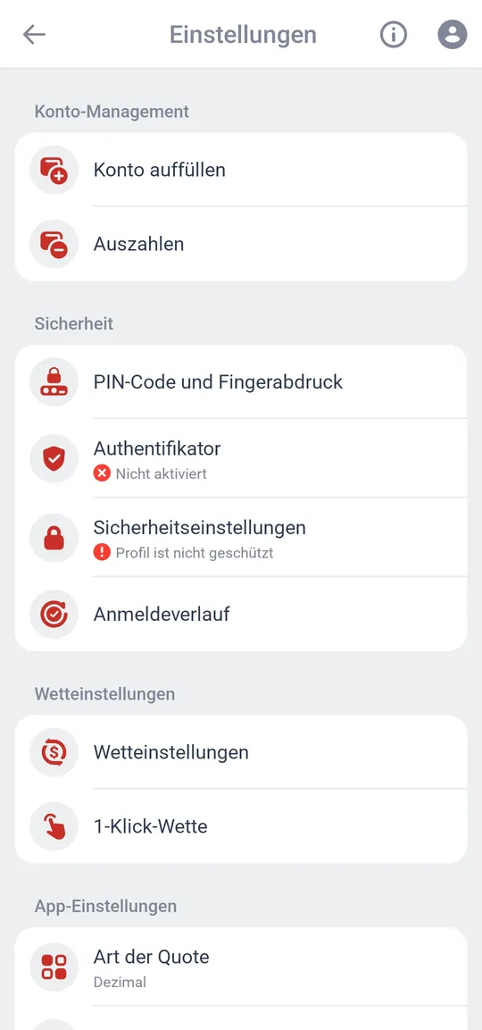 Einstellungen der App mit PIN-Code und Fingerabdruck, Authentifikator, Sicherheitseinstellungen und Anmeldeverlauf