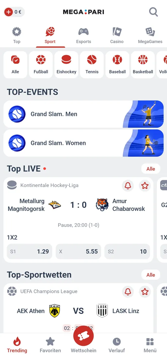 Sportwetten in der Megapari-App mit einer Fußballpartie