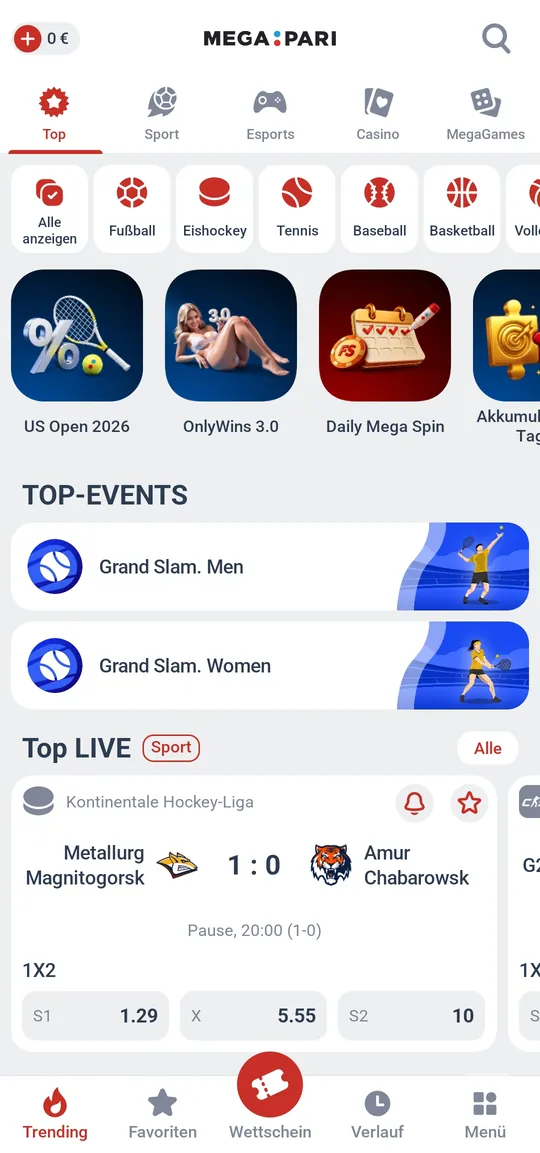 Startbildschirm der Megapari-App auf Deutsch mit Top-Events, Live-Partien und den Aktionen des Tages