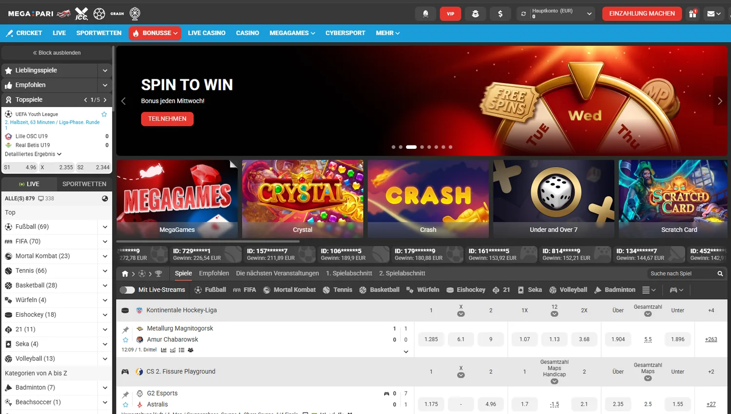 Live-Bereich von Megapari auf Deutsch mit laufenden Partien und dem Filter für Live-Streams