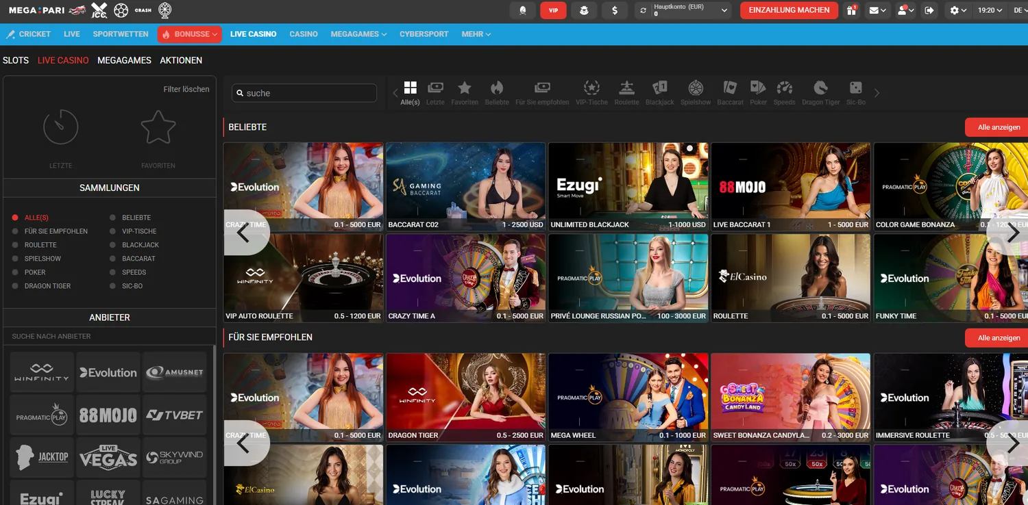 Live-Casino-Lobby von Megapari auf Deutsch mit Anbieterfilter und Einsatzbereich je Tisch