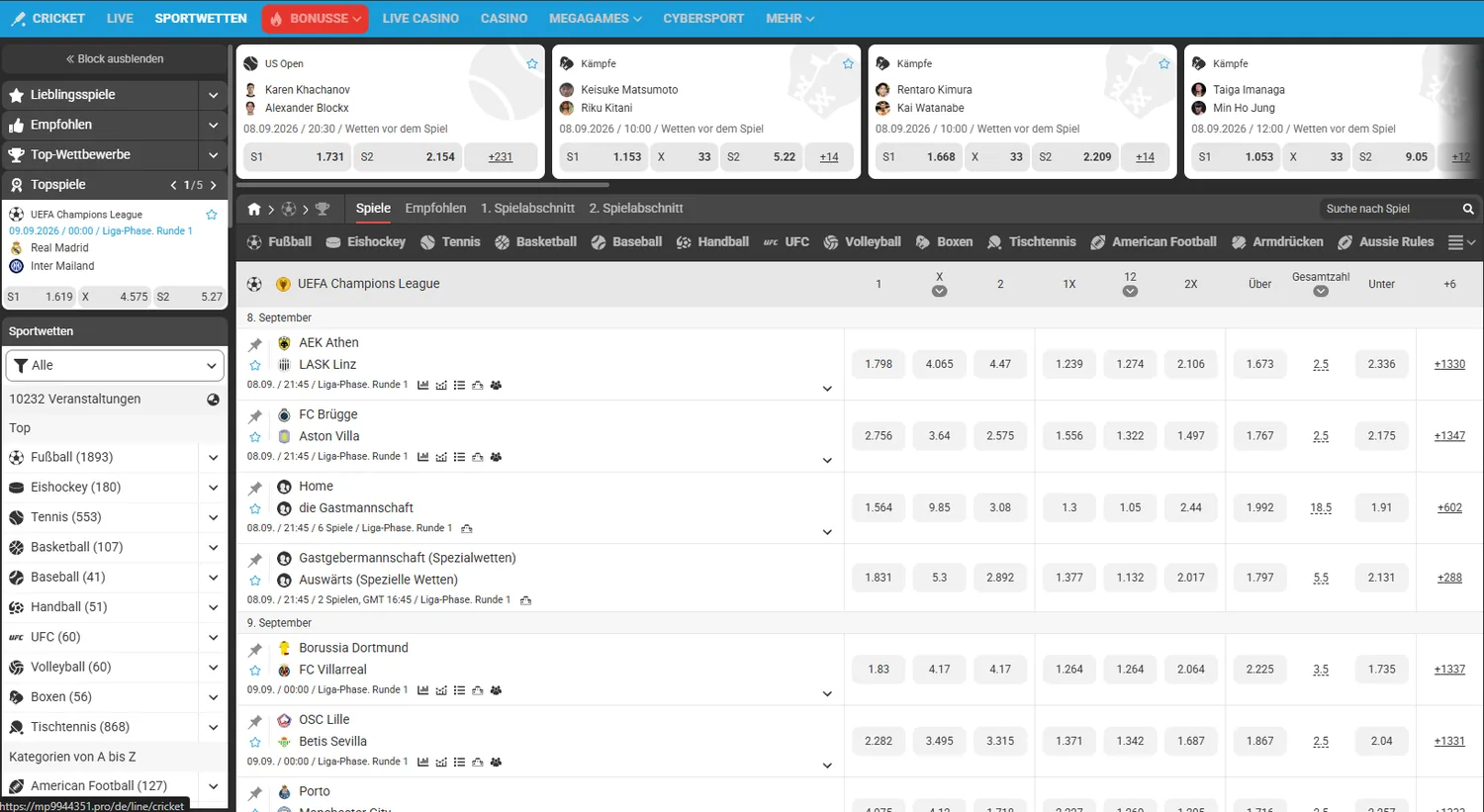 Sportwetten-Bereich von Megapari auf Deutsch mit Ereigniszahlen je Sportart